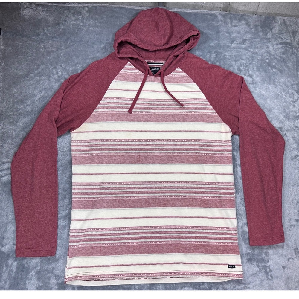 RVCA Mens Large Hooded Long Sleeve Shirt Burgundy Striped Raglan Lightweight L